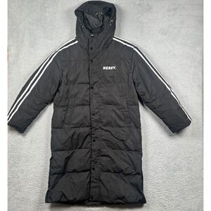 Nerdy Long Puffer Jacket Black Hooded Duck Down Racing Stripe Mens Small
